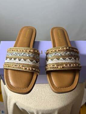 Madden Girl Women's Tan/Gold Rhinestone Beaded Slide Sandals Open Toe Size 7